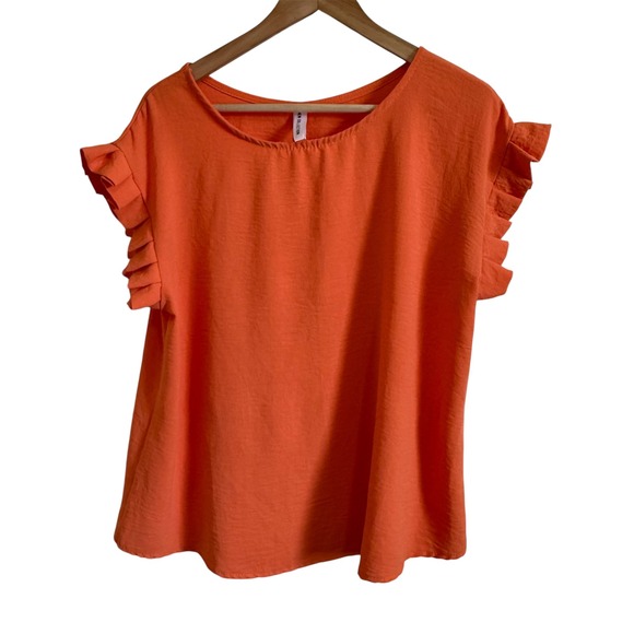 Orange Ruffle Sleeve Top Womens Blouse Casual Tunic Short Sleeve large - Picture 1 of 7